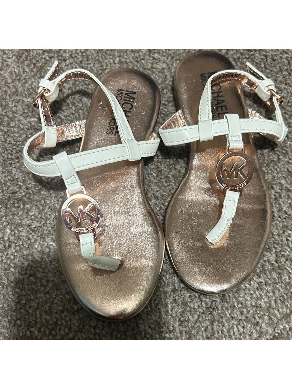 Michael Kors White Strappy Girls Sandals with Rose Gold Accents